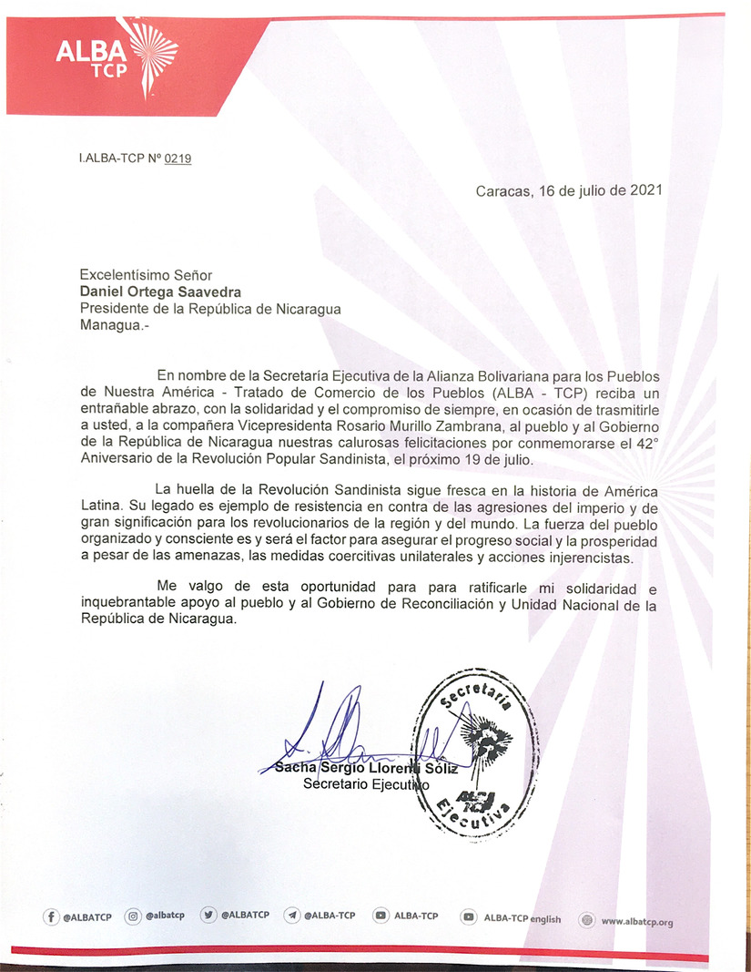 ALBA-TCP envía mensaje de felicitación por aniversario del triunfo de la Revolución Sandinista