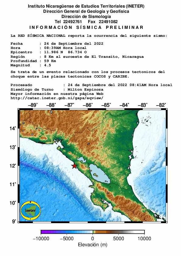 Ineter reporta un sismo de magnitud 4.5 en el pacífico