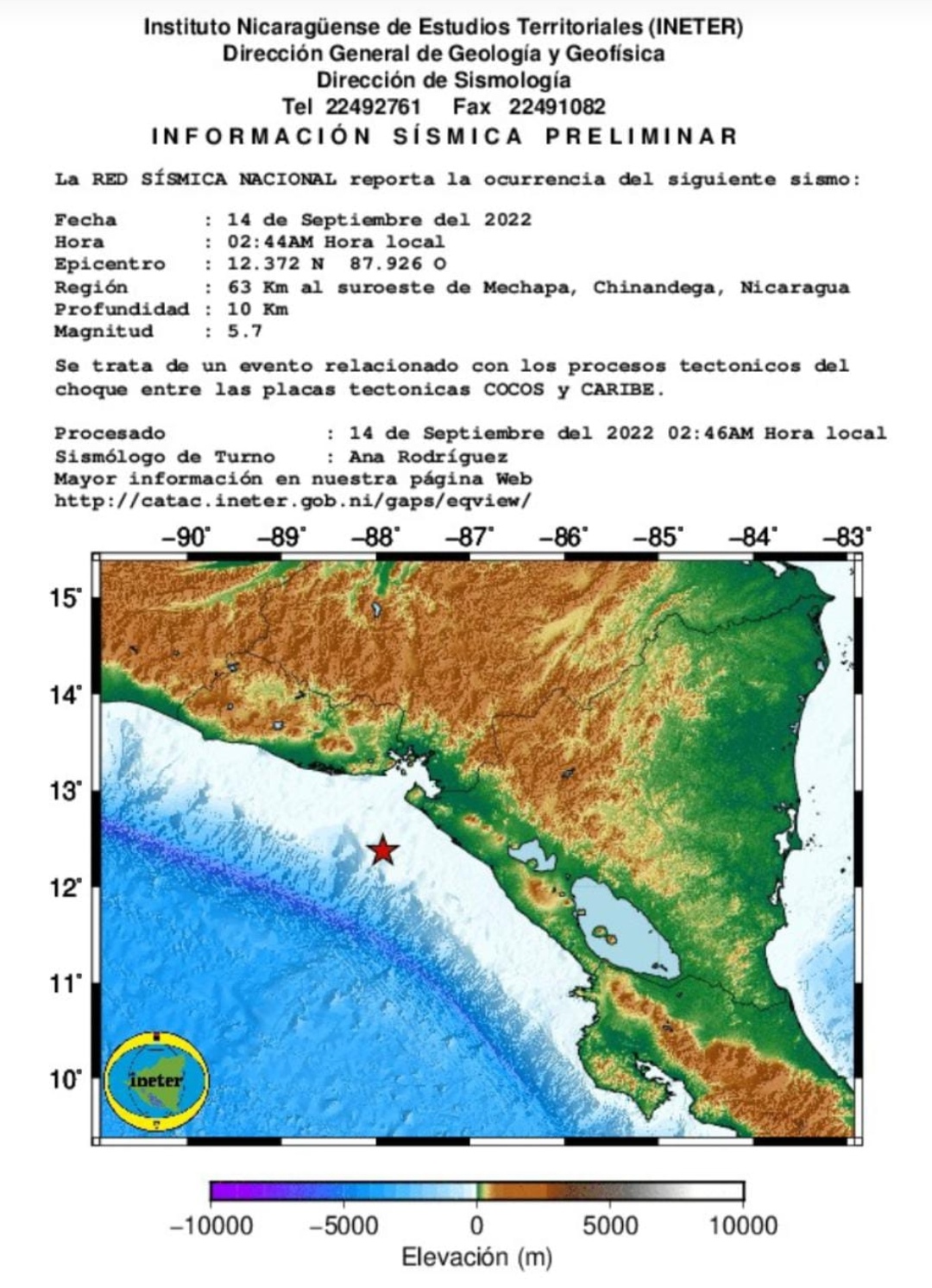 INETER reporta un sismo de 5,7 en el pacífico de Nicaragua