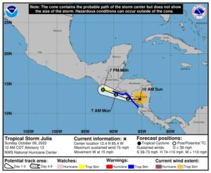 Huracán Julia pierde fuerza en su paso por Nicaragua y se degrada a tormenta tropical