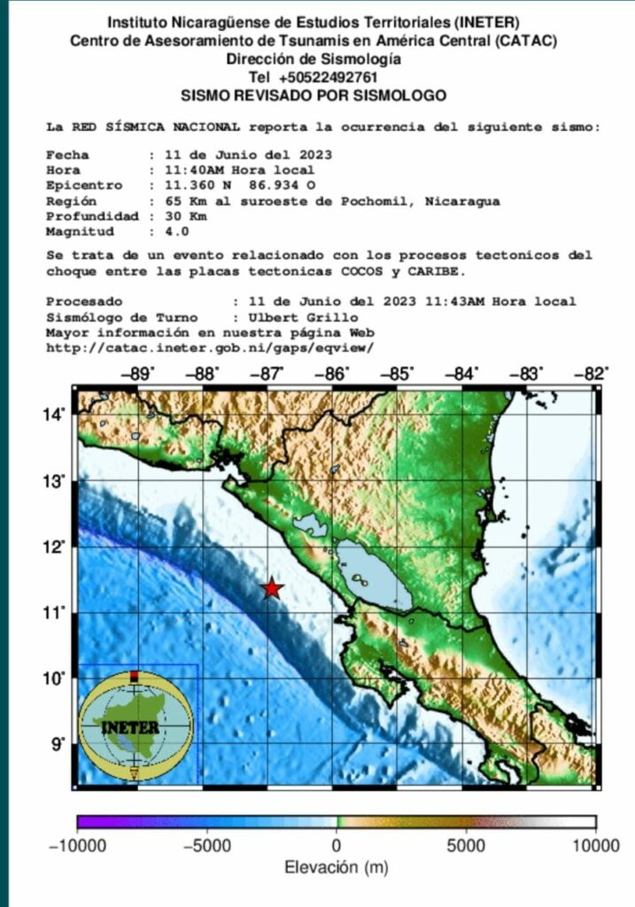 Sismo de magnitud 4 en la costa pacífica de Nicaragua