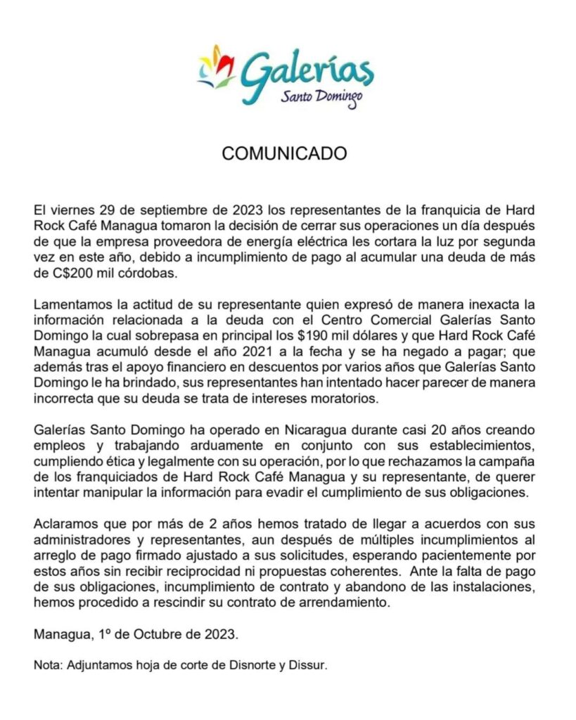 Comunicado de Galerías Santo Domingo por cierre de Hard Rock Café