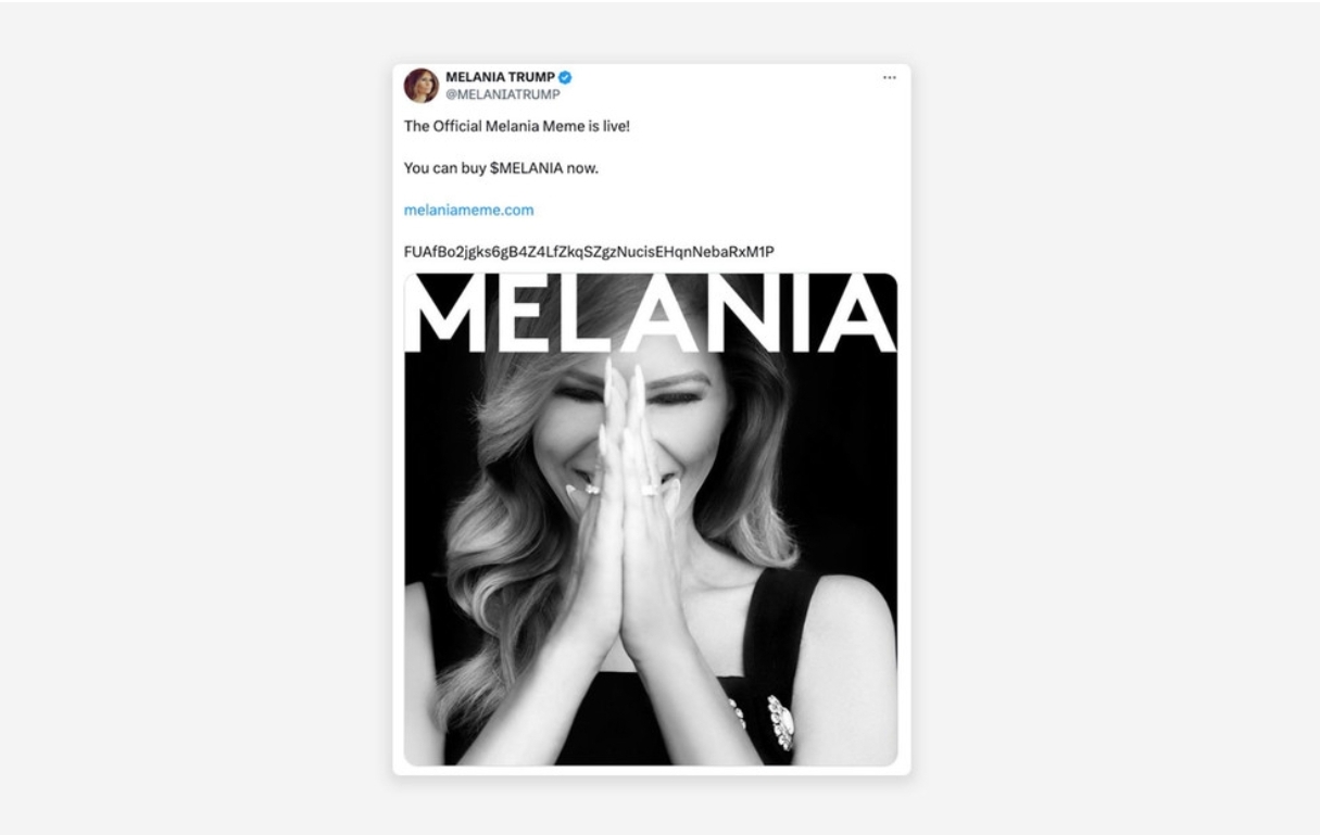 Melania Trump lanza su propia criptomoneda meme y colapsa el valor de la de su marido