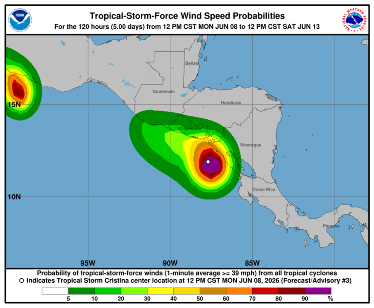 Cristina se acerca a Nicaragua y El Salvador con vientos de 75 km/h y lluvias torrenciales
